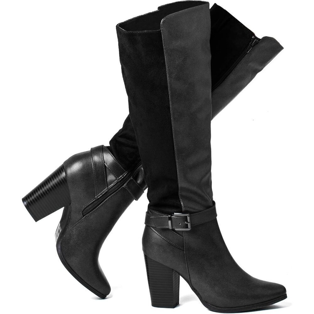 Women's Heeled Knee High Boots Zip Up Chunky Heel Tall Fashions Black Boots
